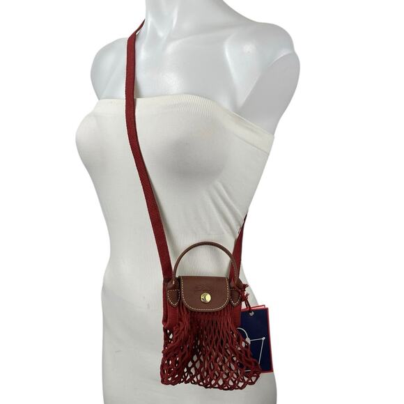 NEW Longchamp Le Pliage Filet Mesh Net Red Cross Body Shoulder Handbag Mini XS - Picture 5 of 12